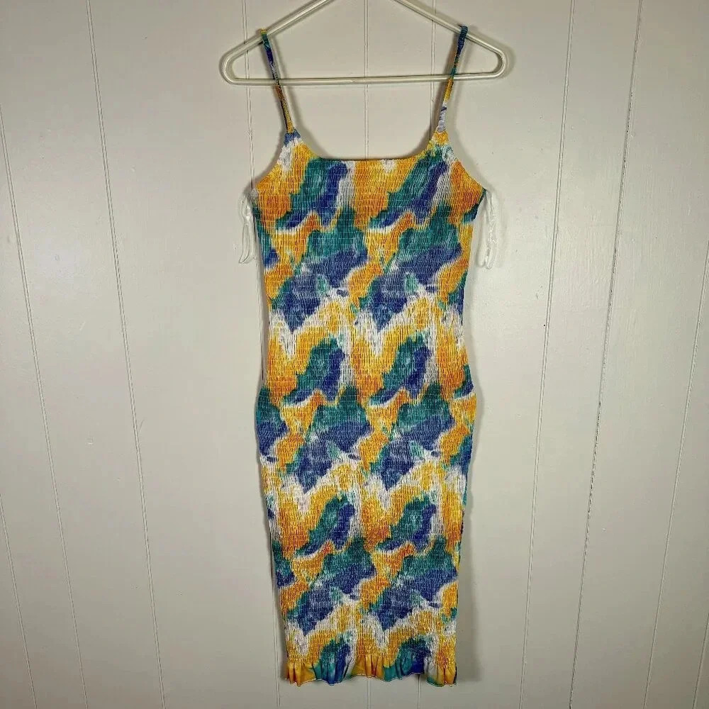 SNDYS. NWT The Kelly Crinkle Dress in Yellow Green & Blue Size US 8 / Large